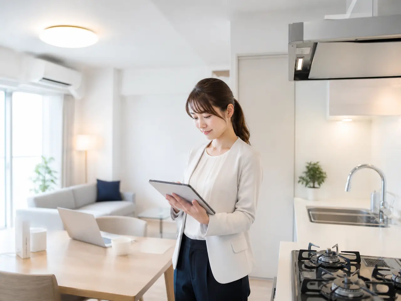 社宅でライフラインを確認する入居者